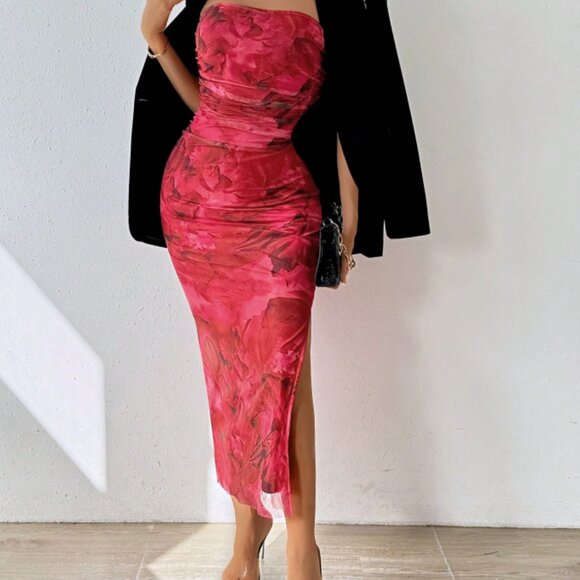 NWOT SHEIN Strapless Red Floral Mesh Midi Dress - Picture 3 of 6